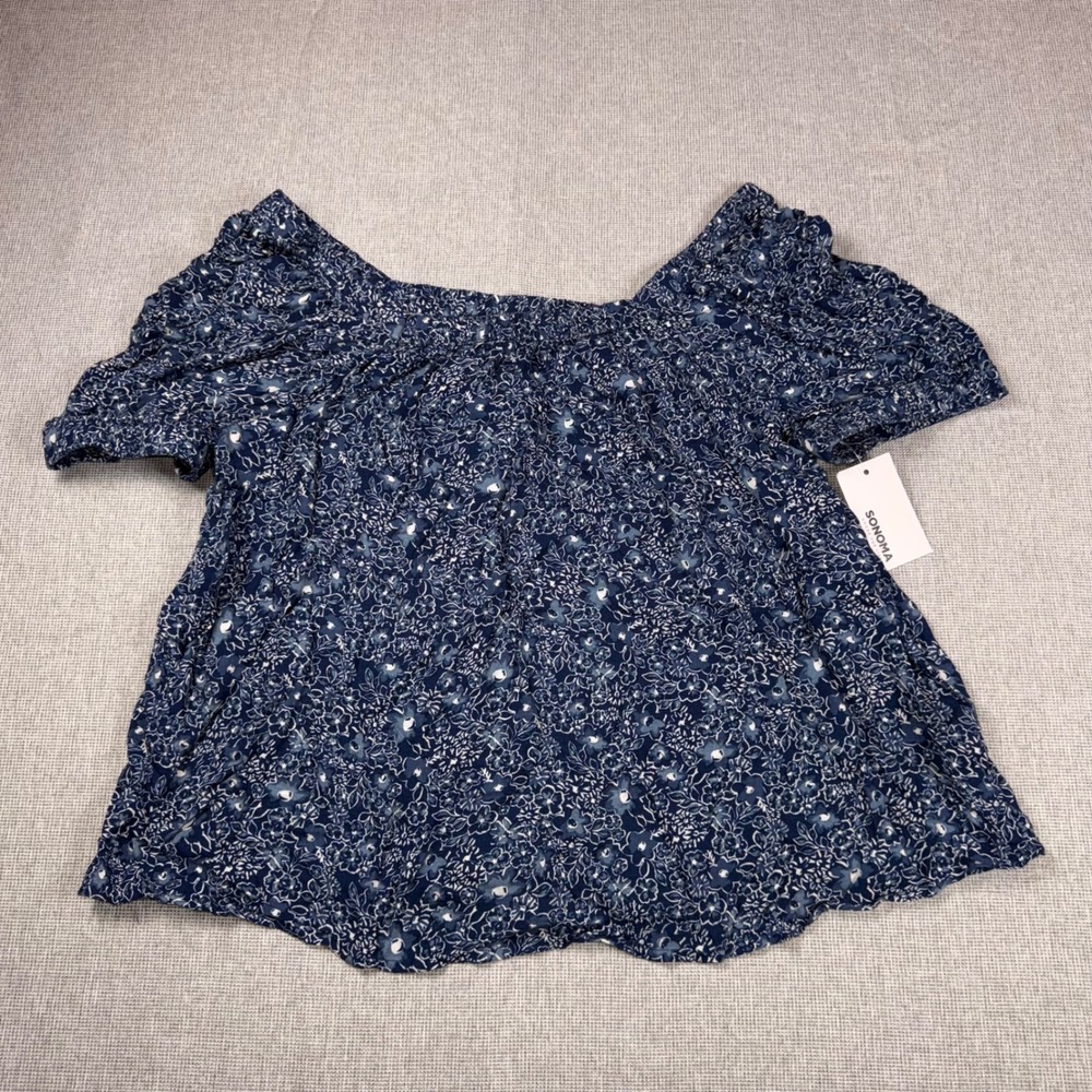 Sonoma Goods For Life Womens Blue Floral Smocked Square Neck Blouse XL NWT